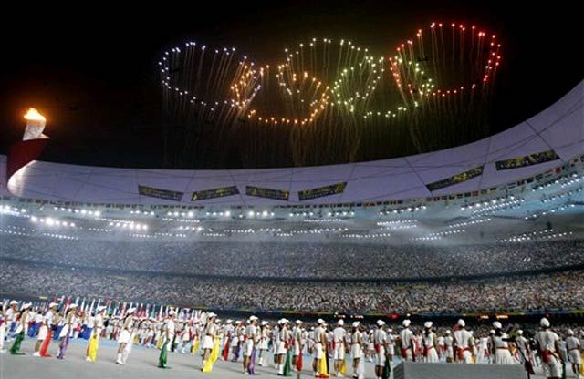 Olympic rings fireworks over the National Stadium during the closing ceremonies of the Beijing Olympics.